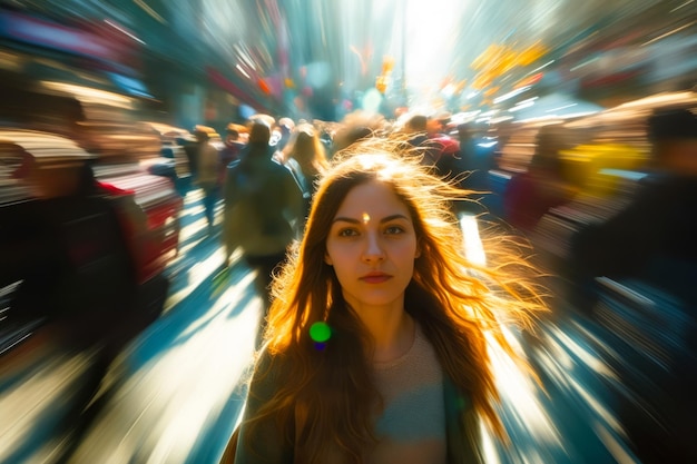 Zdjęcie kobieta z długimi włosami stoi na ruchliwej ulicy i patrzy na kamerę, gdy robią jej zdjęcie