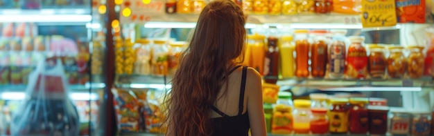 Kobieta z długimi włosami stoi przed sklepem, prawdopodobnie kupując przyprawy bez etykiet