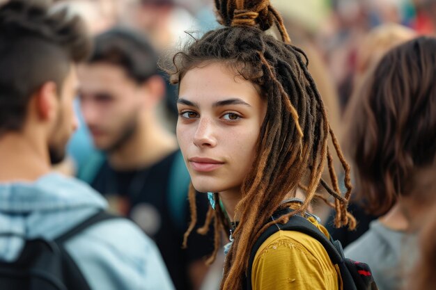 Kobieta z dreadlocks stojący w tłumie