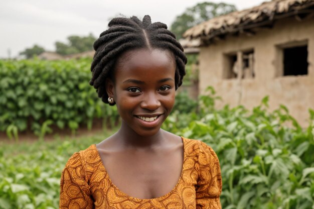 Zdjęcie kobieta z dreadlocks uśmiecha się przed domem