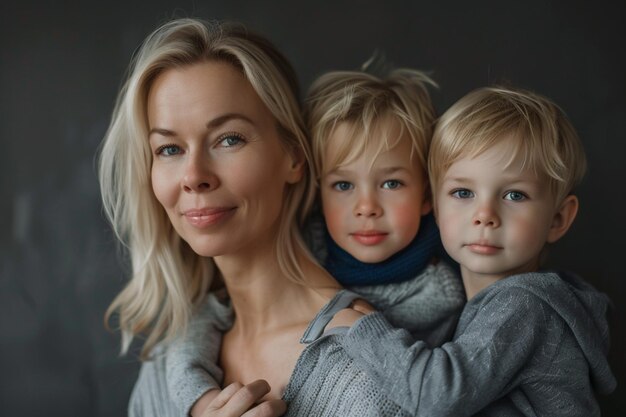 Zdjęcie kobieta z dwójką dzieci pozująca na zdjęcie z dwoma dziećmi