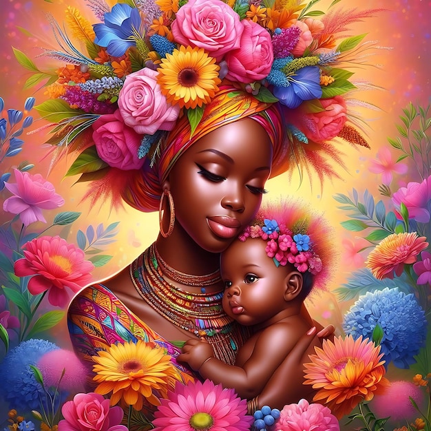 Kobieta z dzieckiem i kwiatami na klatce piersiowej trzyma dziecko