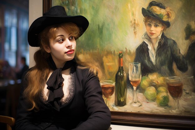 kobieta z elegancką modą siedzi samotnie, ciesząc się winem