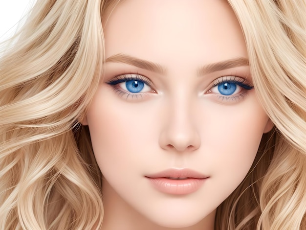 Zdjęcie kobieta z falistymi błyszczącymi włosami i oszałamiającymi niebieskimi oczami