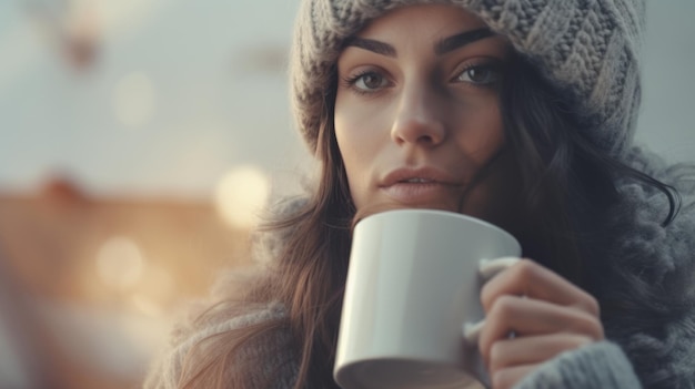 Kobieta z filiżanką gorącej kawy w zimny dzień