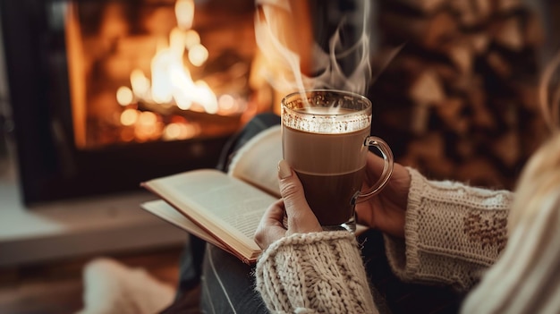 Kobieta z filiżanką kawy i książką przed kominem w domu