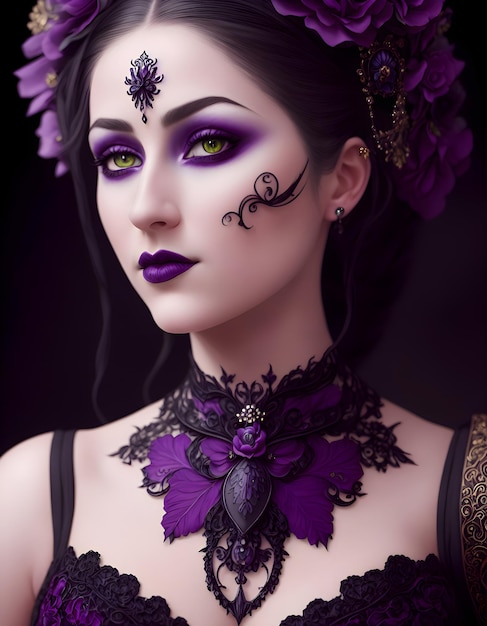 Kobieta z fioletowym makijażem i fioletowym naszyjnikiem