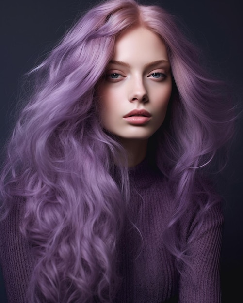 Zdjęcie kobieta z fioletowymi włosami i fioletowym sweterem ze słowem 