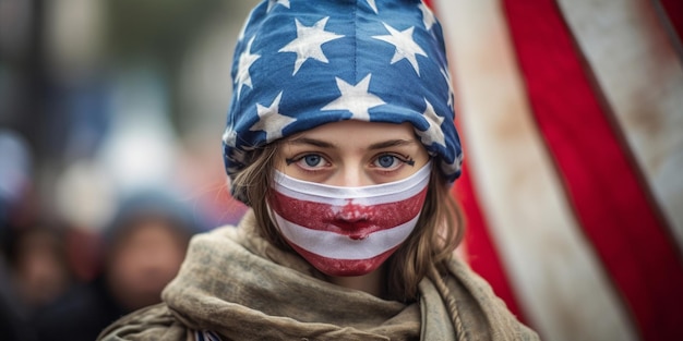 kobieta z flagą na twarzy ma na sobie patriotyczną maskę