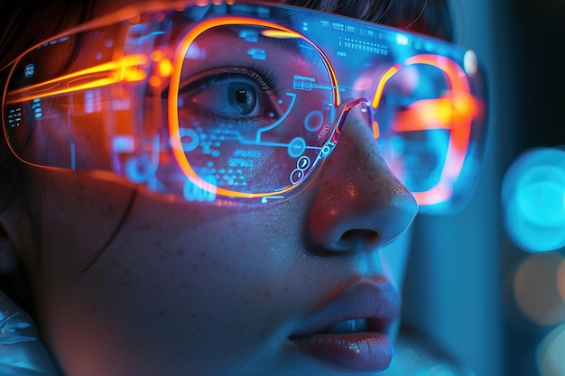 Kobieta z futurystycznymi okularami wyświetlającymi dane cyfrowe Rozwój rzeczywistości rozszerzonej Technologia mody des