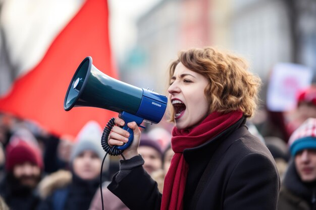 Kobieta z głośnikiem mówi do tłumu