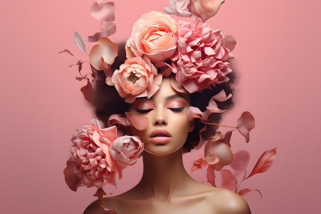 Kobieta z głową pokrytą kwiatami Koncepcja leczenia psychologicznego zdrowia psychicznego