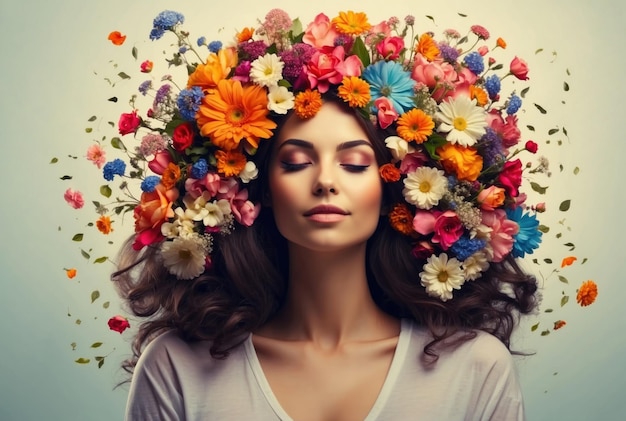 Kobieta z głową pokrytą kwiatami wygenerowanymi przez AI