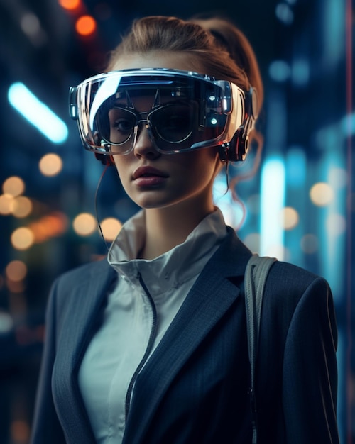 Kobieta z inteligentnymi okularami, futurystyczna technologia AR