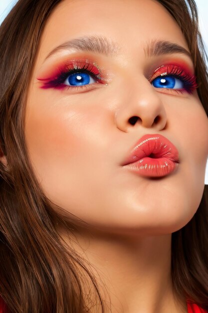 Kobieta z jasnym makijażem i czerwoną szminką patrzy na kamerę z jasnoróżną wargą i różowymi oczami