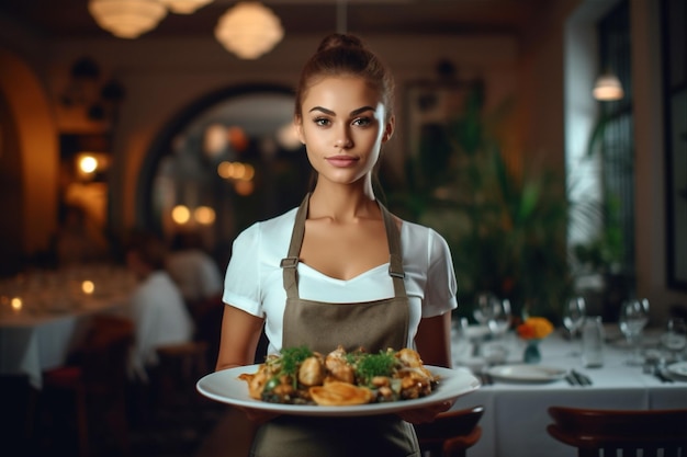 Kobieta z jedzeniem, stojąca, trzymająca restauracja w pomieszczeniu, kelnerka, uśmiech, portret pracy kelnera. Generacyjna sztuczna inteligencja