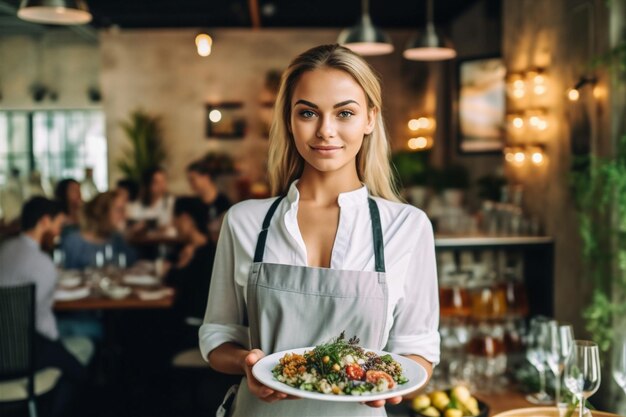 Kobieta z jedzeniem, stojąca w pomieszczeniu, kelner, restauracja, uśmiech, portret, trzymająca pracę, Generacyjna sztuczna inteligencja