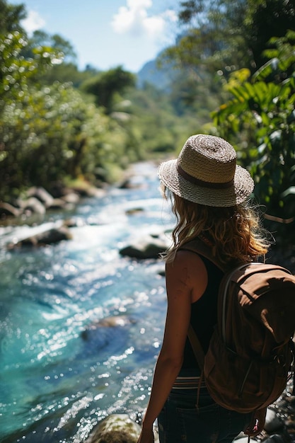 Zdjęcie kobieta z kapeluszem i plecakiem patrząca na rzekę