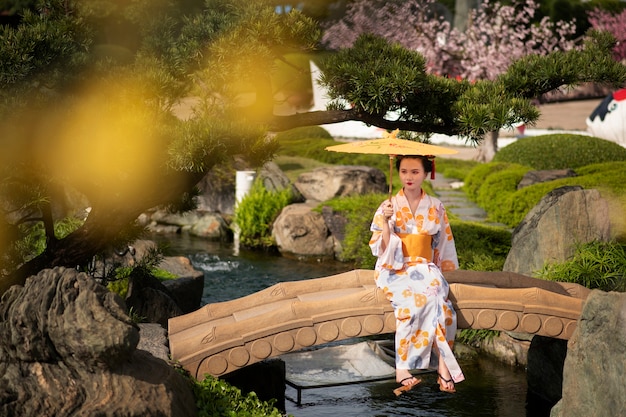 Zdjęcie kobieta z kimono i parasolem wagasa