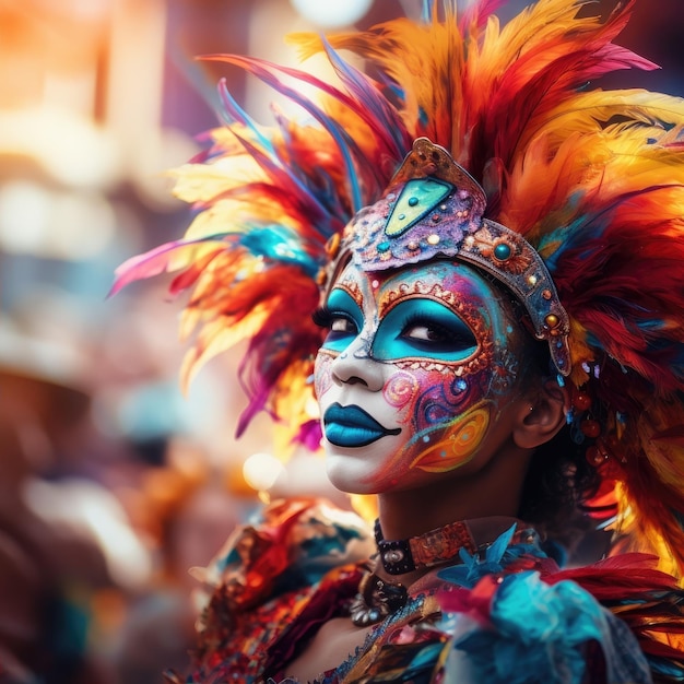 Kobieta z kolorową farbą twarzy i piórami
