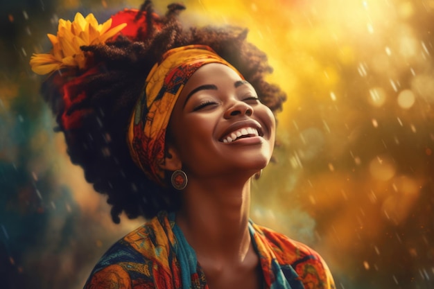 Kobieta z kolorowym szalikiem i kolorowym szalikiem uśmiecha się i patrzy w niebo.
