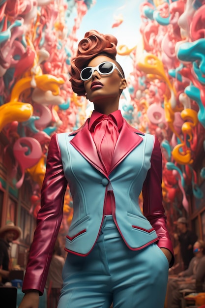 Kobieta z kolorowym tłem stworzona za pomocą generatywnej technologii sztucznej inteligencji