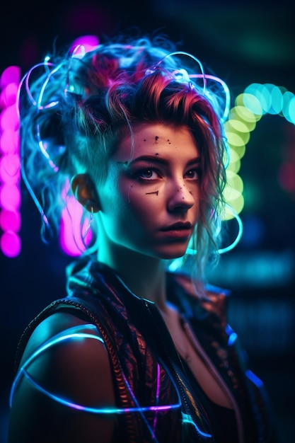 Zdjęcie kobieta z kolorowymi światłami w tle
