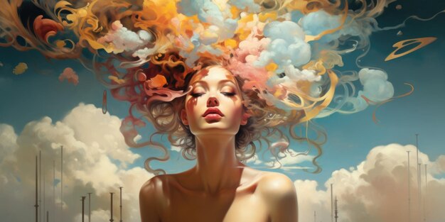 Kobieta z kolorowymi włosami i chmurami na niebie ai