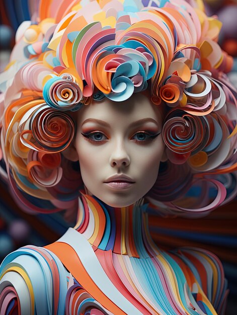 Kobieta z kolorowymi włosami i kolorową peruką z numerem 5 na niej