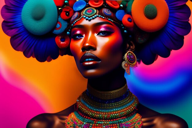 Kobieta z kolorowymi włosami i nakryciem głowy ma na sobie kolorowe nakrycie głowy.