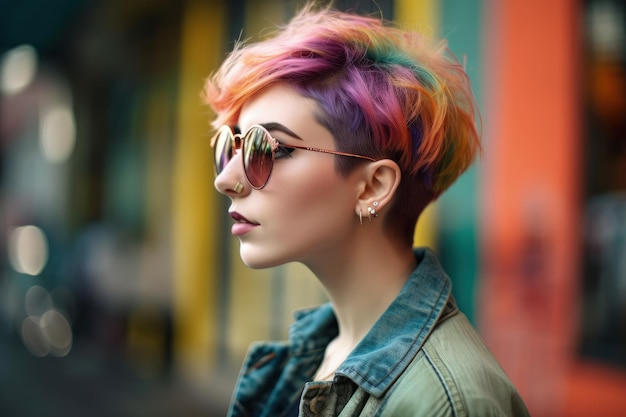 Kobieta z kolorowymi włosami i okularami przeciwsłonecznymi na generatywnej sztucznej inteligencji