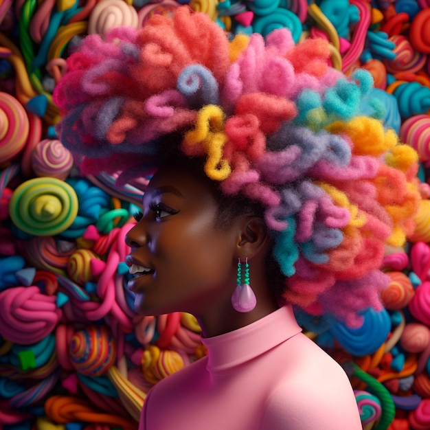 Kobieta z kolorowymi włosami stoi przed ścianą cukierków