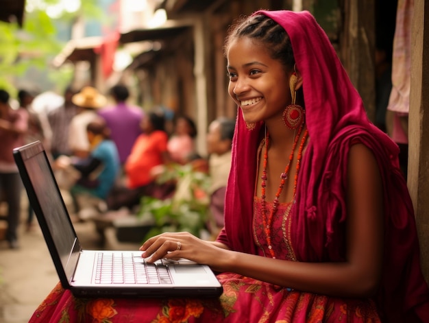 Kobieta z Kolumbii pracuje nad laptopem w tętniącym życiem środowisku miejskim