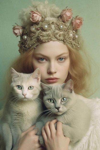 Kobieta z koroną i dwoma kotami