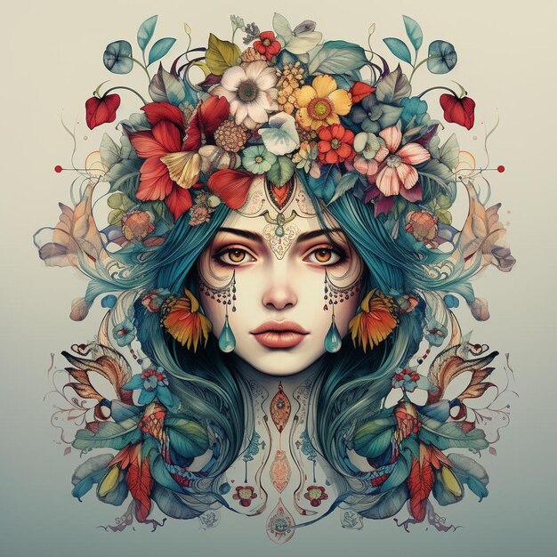 Kobieta z koroną kwiatową na głowie otoczona jest motylami i kwiatami.