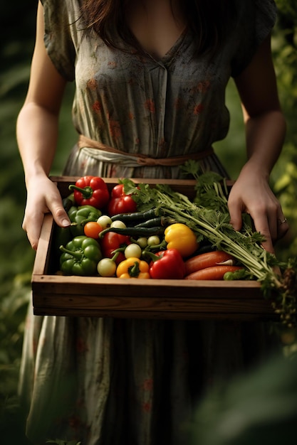 Zdjęcie kobieta z koszem z korbów pełnym warzyw koszyk z zdrowym jedzeniem orientacja pionowa