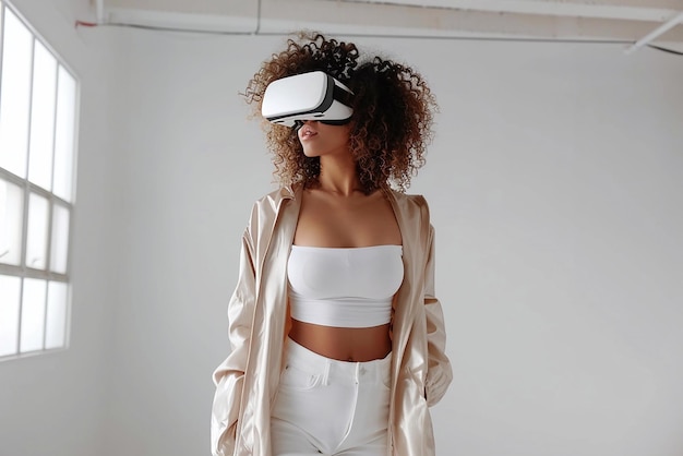 Kobieta z kręconymi włosami oglądająca się w okularze wirtualnej rzeczywistości w białym pokoju