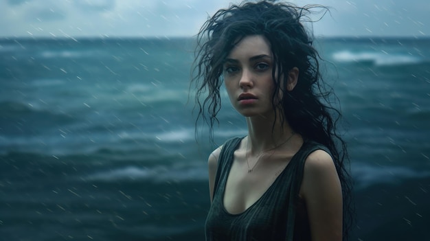 Kobieta z kręconymi włosami stoi przed wzburzonym morzem.