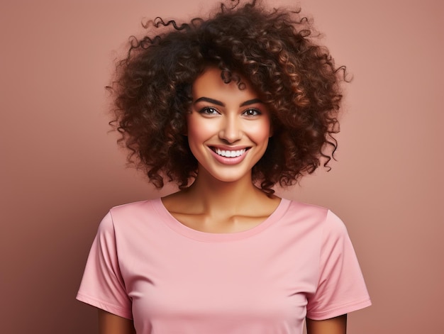 kobieta z kręconymi włosami, ubrana w różową koszulę z napisem „naturalny” z przodu