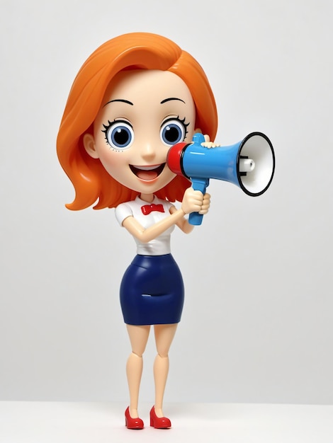 Zdjęcie kobieta z kreskówki 3d robiąca ogłoszenie z megafonem na białym tle