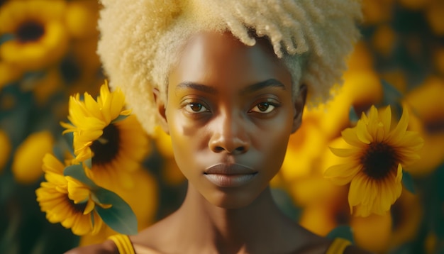 Kobieta z krótkimi włosami i żółtym kwiatem w tle