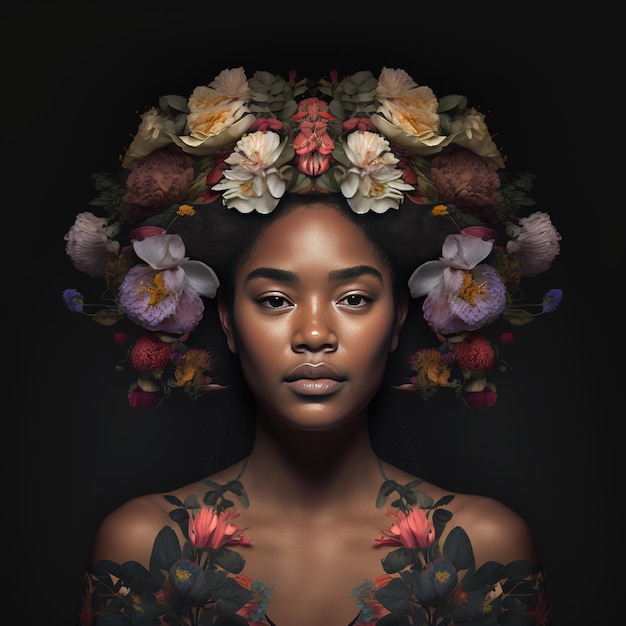Kobieta z kwiatami na głowie i czarnymi włosami