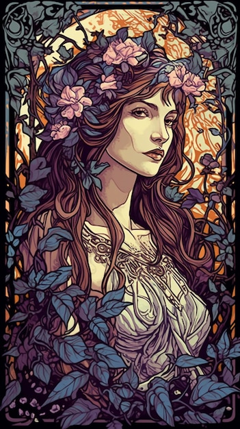 Kobieta z kwiatami we włosach i wieńcem liści generatywnych ai