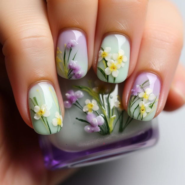 kobieta z kwiatem namalowanym na paznokciach