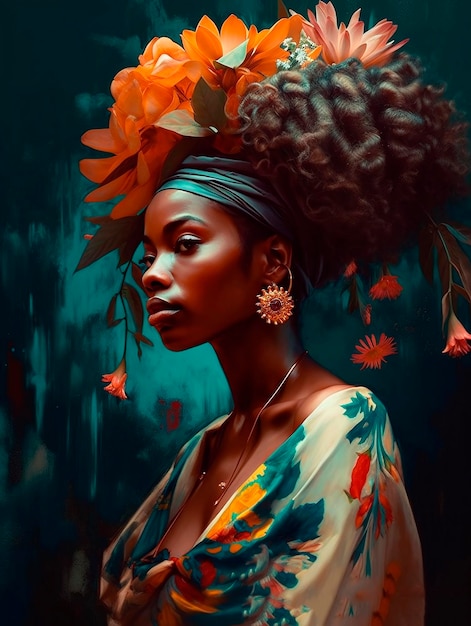 Kobieta z kwiatem we włosach, cyfrowy obraz w trendach na afrofuturyzm AI wygenerował AI generativ