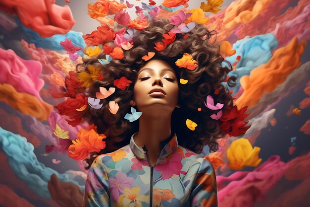 kobieta z kwiatem we włosach otoczona kolorowymi kwiatami zapewnia zdrowie psychiczne i dobre samopoczucie
