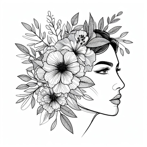 Kobieta z kwiatowym nadrukem na głowie, kobieta z rysunkiem liniowym