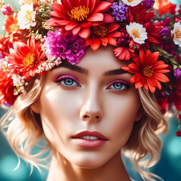 Zdjęcie kobieta z kwiatowym nakryciem głowy i niebieskimi oczami