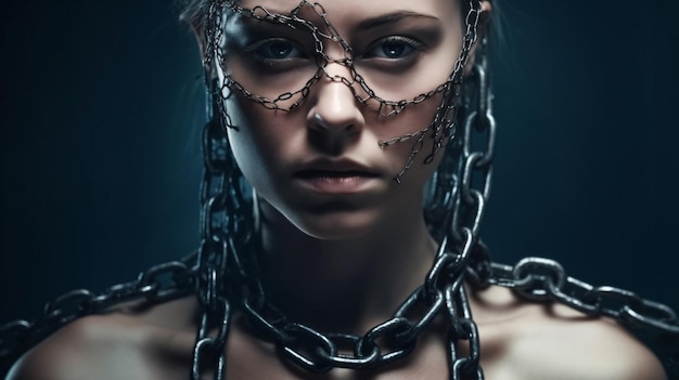 Kobieta z łańcuchami na szyi i twarzą, która mówi „zablokuj słowo”.