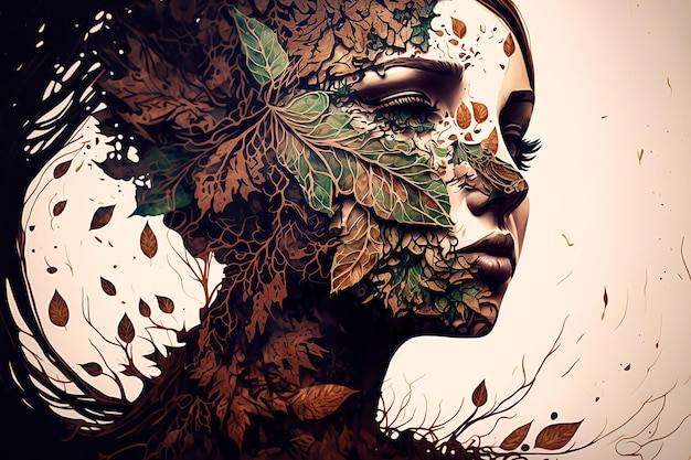 Kobieta z liściem na twarzy